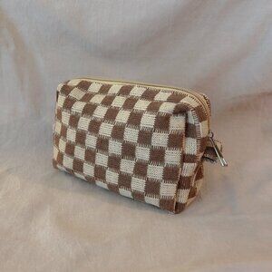 Brand New Small Brown and Cream Checkered Fabric Pouch